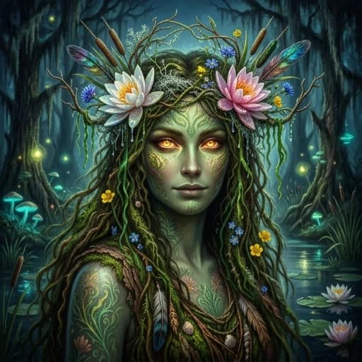 Create a high-resolution 16K HDR image that shows a close-up portrait of the Bog Lady, a magical guardian of the swamps. She is slender and graceful, with a combination of human and plant features. Her skin is a (greenish hue:1.4), with a subtle glow, and is adorned with (patterns resembling seaweed or flowers:1.2). Her eyes glow like those of a firefly. Her long hair, woven from seaweed and flowers, cascades down her shoulders and back. ((She has a crown on her head: the (flexible branches of a willow are intertwined with silver moss), forming a soft frame that follows the contours of her face. Instead of precious stones, the (crown is decorated with petals of water lilies), on which droplets of (transparent swamp water are frozen), shimmering with all the colors of the rainbow. Reeds decorated with (feathers of rare wading birds add lightness, and delicate cornflowers:1.5), forget-me-nots and buttercups add tenderness. Emerald strands of seaweed, resembling the hair of a mermaid, hang from the crown, swaying at the slightest movement)).The background features a dark but stunningly beautiful enchanted swamp, full of magical details and mysterious phenomena. The overall atmosphere should evoke a sense of wonder and mystery. Style: a mix of John Alexander, Moebius, Jean Giraud, Peter Morbacher, and Beeple. The aesthetic should be an exciting blend of fantasy and dark fantasy, with a focus on a mystical and magical style. Emphasize the magnificent details, the masterful composition, and the vibrant, almost hyperrealistic color palettes, (especially the crown of Bog Lady) and her eyes. Pay attention to the artistic qualities of acrylic paints.