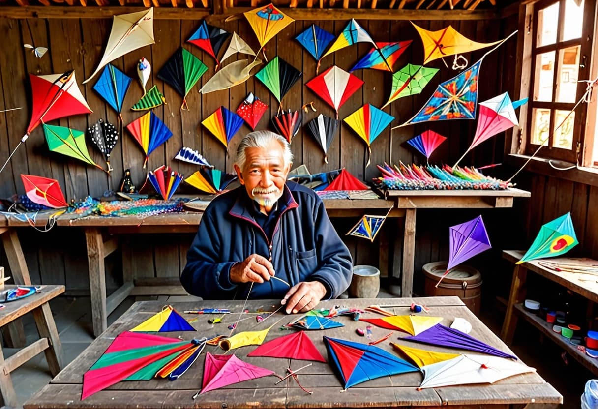 An elderly master kite maker sits at a large rustic wooden table in a charming workshop courtyard beside an old house. Dozens of unusual handmade kites surround him: birds, butterflies, dragons and colorful diamond-shaped kites. He carefully stretches fine strings and decorates a new kite with intricate patterns. Wooden sticks, spools of thread, brushes, paper and paints cover the table. Through the open workshop door, a sunny summer garden can be seen. Authentic craftsmanship, creativity and childhood dreams. Richly detailed scene, warm sunlight, cinematic photorealism, vertical composition.