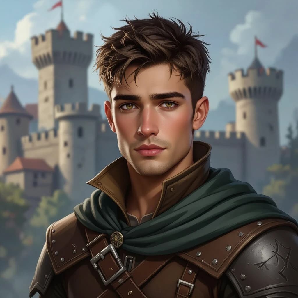 Fantasy illustration: a handsome young man with short hair and sad eyes, dressed as a mercenary, set against the backdrop of a medieval fortress.