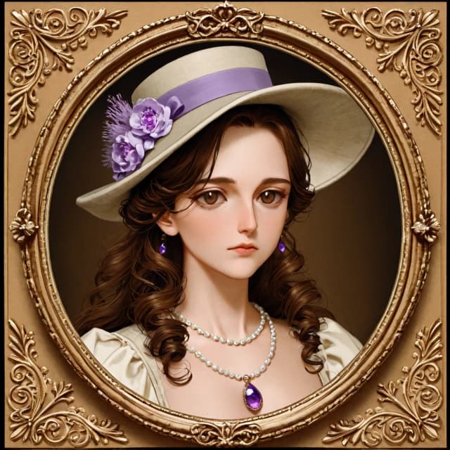 A refined young woman in a vintage Victorian/Edwardian gown, waist-up three-quarter portrait, centered composition, wearing a wide-brimmed lavender hat decorated with purple ribbon and flowers, short dark brown finger-wave curls framing a porcelain face, large soft brown eyes, slight rosy lips, serene and elegant expression; ornate multilayered pearl necklaces and amethyst pendants in filigree gold settings, matching amethyst drop earrings; corseted purple satin dress with puffed sleeves, delicate white lace trim and embroidered details; soft watercolor and gouache inspired digital illustration with fine linework and painterly shading, pastel floral background with roses and peonies, high-key diffused lighting, shallow depth of field, subtle rim light, ultra-detailed textures on fabric, lace and gemstones, harmonious lavender and cream color palette, romantic, dreamy, refined atmosphere, high resolution, cinematic portrait quality.