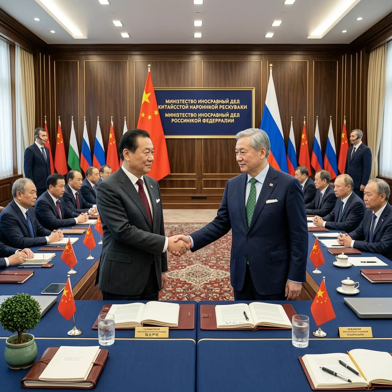 Президенты пожимают руки в большом зале для переговоров, на стенах государственные флаги Китая и России, делегации в строгих костюмах сидят за длинным столом, на столе документы и флажки, официальная торжественная атмосфера, реалистичные лица, детальная проработка костюмов.