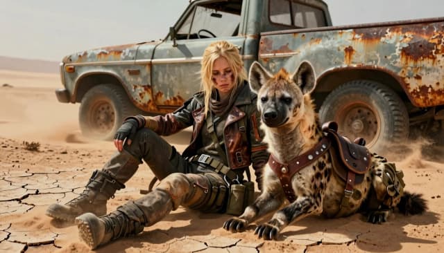 A photorealistic, highly detailed post-apocalyptic scene set in a vast, desolate desert. A beautiful but battle-hardened blonde young girl wearing worn, rugged leather combat gear, asymmetrical tactical jackets, straps, and dirt-smudged face, sitting wearily on the cracked, dry sandy ground. Sitting right beside her is a large, tamed hyena equipped with a custom leather harness, tactical saddlebags, and metal rivets. They are resting side-by-side, showing a bond of survival. In the immediate background, an old, heavily rusted, abandoned pickup truck with peeling paint, broken windows, and flat tires. Harsh midday desert sun, heat haze, swirling blowing sand, cinematic lighting, dramatic shadows, muted earthy color palette with dusty browns, ochres, and rusty oranges. Shot on 35mm lens, depth of field, 8k resolution, Unreal Engine 5 render style, Mad Max aesthetic, masterpiece, highly intricate details. --ar 16:9
