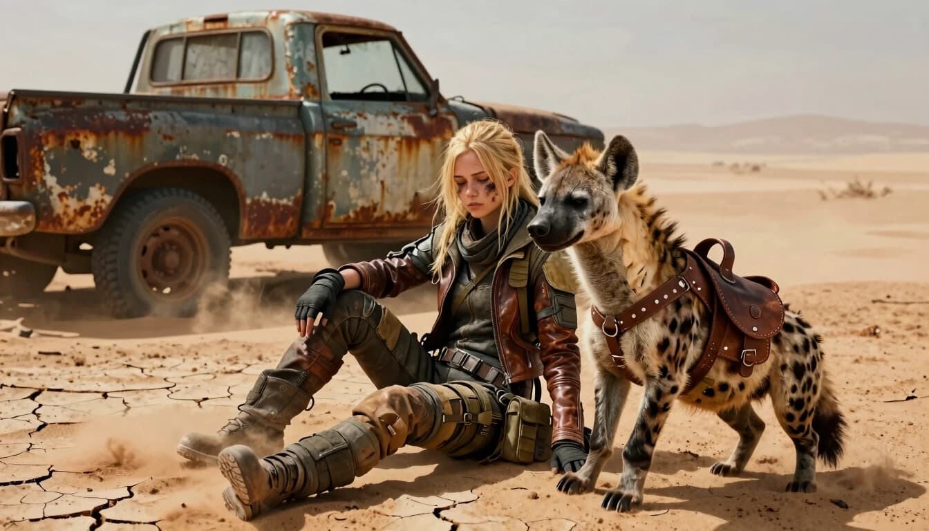 A photorealistic, highly detailed post-apocalyptic scene set in a vast, desolate desert. A beautiful but battle-hardened blonde young girl wearing worn, rugged leather combat gear, asymmetrical tactical jackets, straps, and dirt-smudged face, sitting wearily on the cracked, dry sandy ground. Sitting right beside her is a large, tamed hyena equipped with a custom leather harness, tactical saddlebags, and metal rivets. They are resting side-by-side, showing a bond of survival. In the immediate background, an old, heavily rusted, abandoned pickup truck with peeling paint, broken windows, and flat tires. Harsh midday desert sun, heat haze, swirling blowing sand, cinematic lighting, dramatic shadows, muted earthy color palette with dusty browns, ochres, and rusty oranges. Shot on 35mm lens, depth of field, 8k resolution, Unreal Engine 5 render style, Mad Max aesthetic, masterpiece, highly intricate details. --ar 16:9