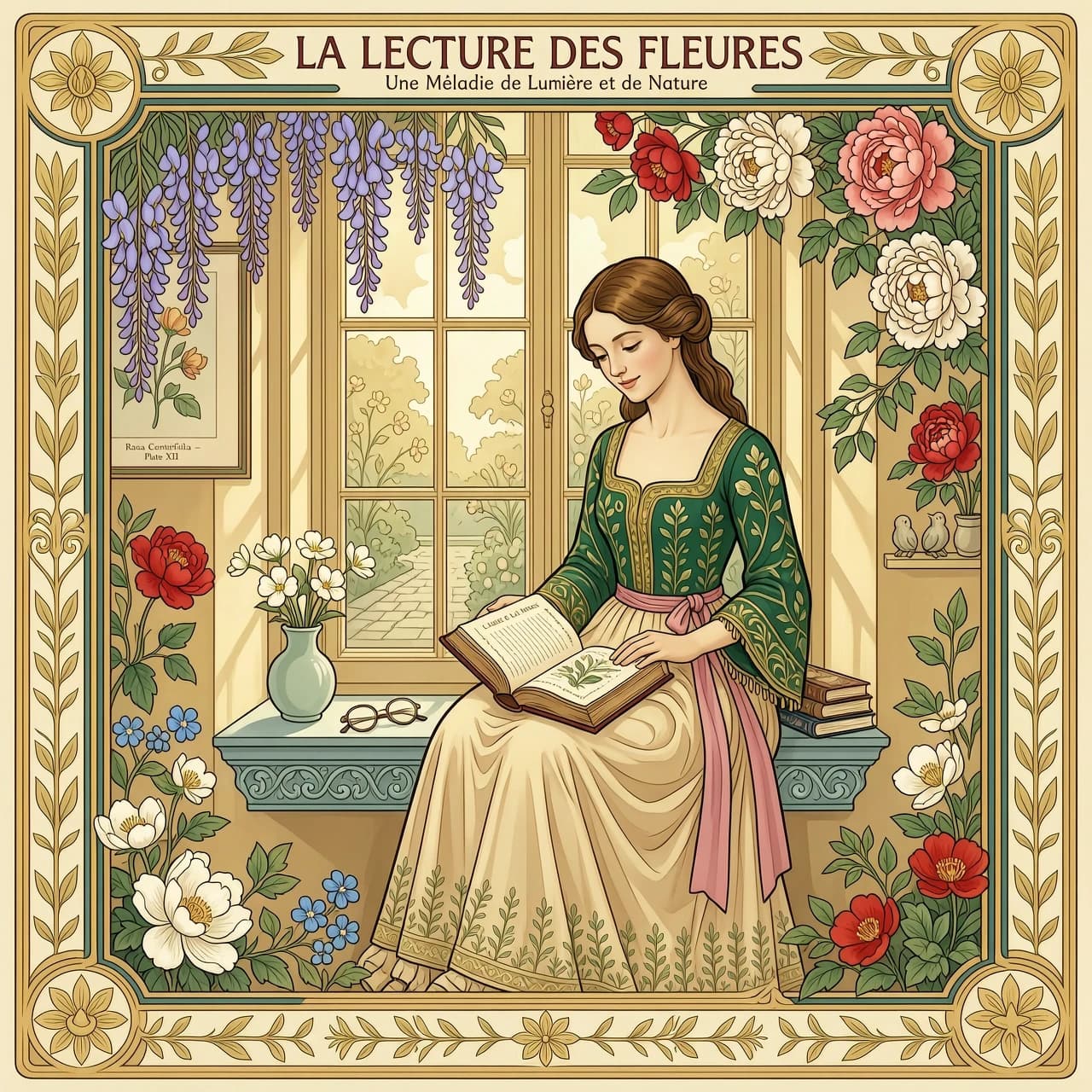 A woman sits in a sun-drenched window seat, surrounded by an abundance of vibrant, blooming flowers. She is reading a book, a gentle smile on her face. The style is reminiscent of Art Nouveau, with flowing lines, organic shapes, and a rich, decorative quality. Think Alphonse Mucha meets a cozy reading nook.
