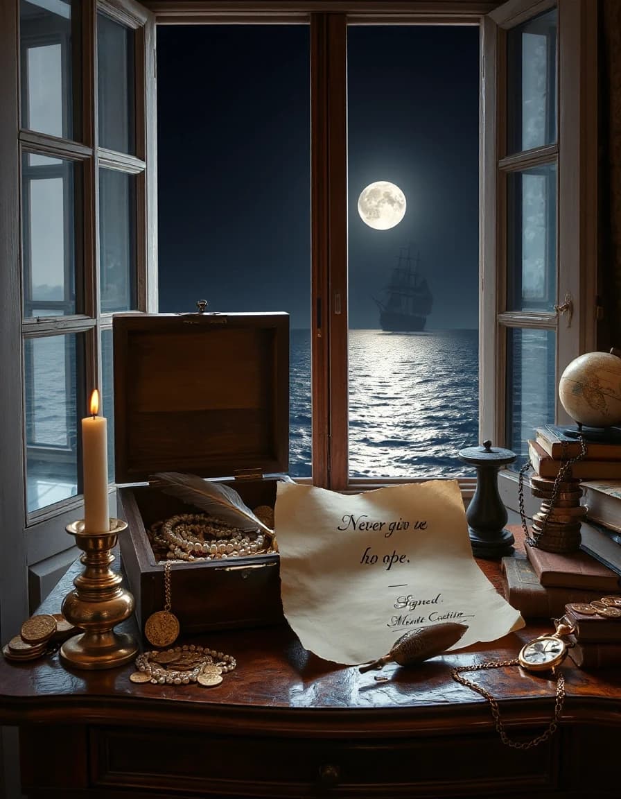 The window is open, and behind it is the night sea with the reflection of the moon, and in the distance the silhouette of a frigate. In front of the window is an antique 18th century mahogany table.on the table on the left is a casket with the lid open backwards. The casket contains gold coins, jewelry, pearl necklaces, and precious stones. On the left side of the casket is a candlestick with a burning candle and an open locket.gold coins. in front of the casket is a sheet of paper with uneven curved edges.It says Never give up hope. Signed below is the Count of Monte Cristo. to the right, an inkwell with a goose quill. Next to it, an old globe, stacks of coins, a stack of books, and a gold watch with a chain