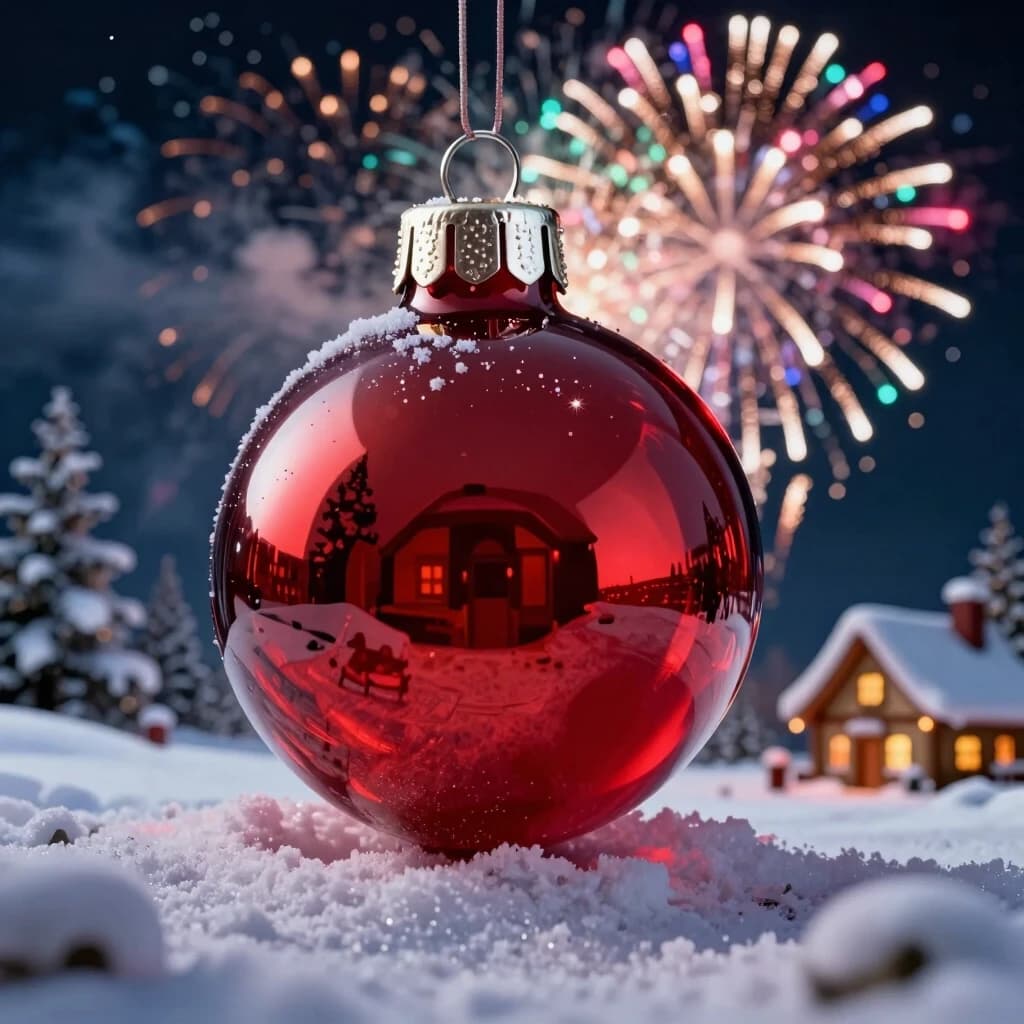 A hyperrealistic digital double exposure artwork for New Year's. Three distinct images are seamlessly blended: the detailed, reflective surface of a red glass bauble, a snowy fairytale landscape with a cozy cottage, and the vibrant, colorful explosion of a firework in a night sky. Expert mixing of textures – smooth glass, soft snow, sparkling light trails. Rendered in a trending Artstation style with extreme photorealism, intricate details, and a magical, layered composition that evokes holiday wonder.