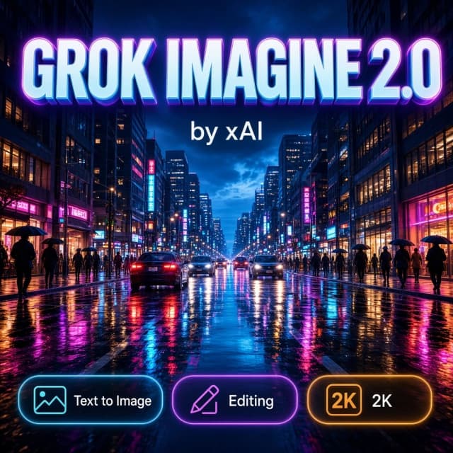 Flat 2D square graphic design cover, background covers 100% edge-to-edge, no frame, no border, no mockup. Bold glowing modern 3D typography reading "GROK IMAGINE 2.0" centered near the top, crisp and perfectly legible, EXACTLY ONE line, appears only once. Directly under it a small clean tag "by xAI". Below it a cinematic wide-angle photograph of a rain-slicked neon city street at blue hour: traffic, glowing storefronts, people with umbrellas, razor-sharp mirror reflections in the wet asphalt, straight verticals, eye-level. Near the bottom a clean row of small glowing rounded feature badges with short legible labels: "Text to Image", "Editing", "2K". High detail, editorial photography finish, perfectly legible text.