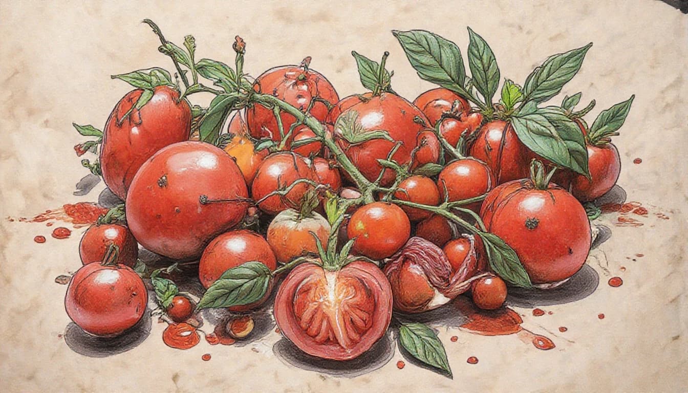 старая бумага.  Tomatos, basilik