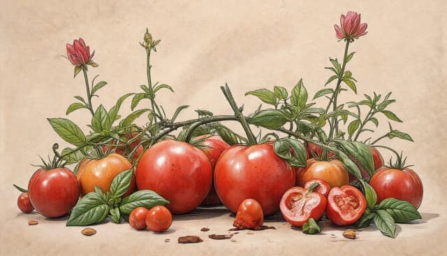 старая бумага.  Tomatos, basilik