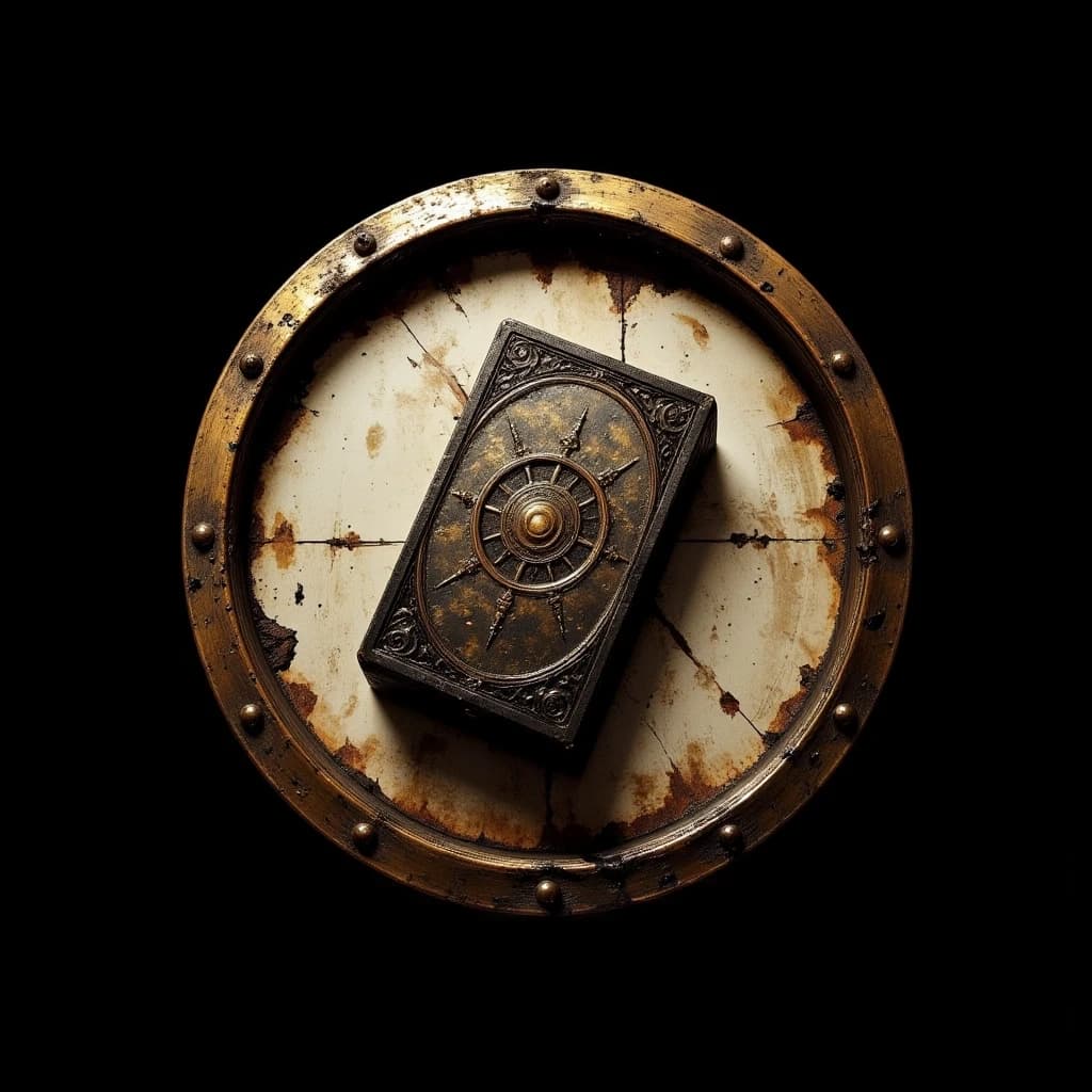 Круглая иконка для игры. Внутри тонкой бронзовой рамки на изображена колода карт Таро на светлом грязном фоне. Мрачные тона. Черный фон.