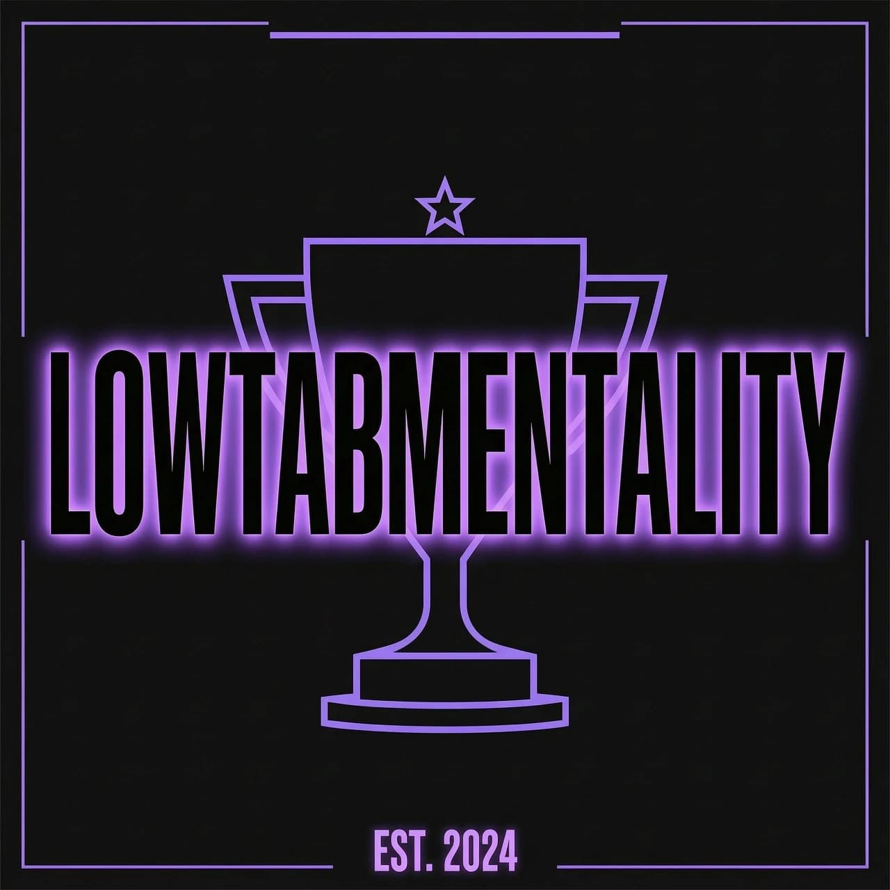 Логотип для киберспортивной команды по игре Counter-strike 2 под названием "LOWTABMENTALITY", логотип должен быть минималистичный, в черно фиолетовом цвете, из надписей должно быть только название команды а на фоне кубок