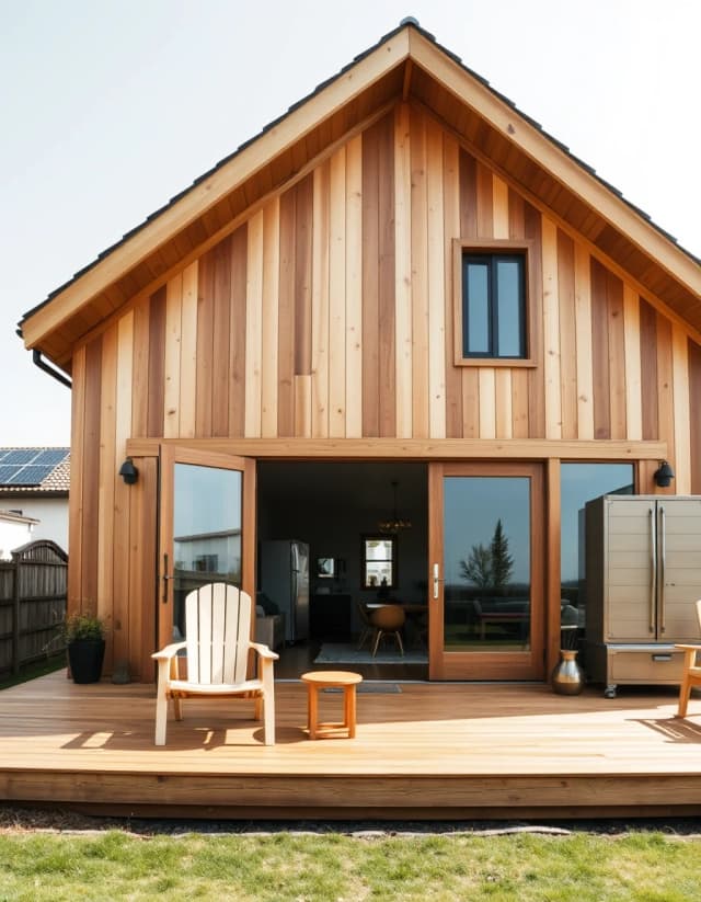 Vertical low angle shot, barnhouse style banya house, natural wood exterior, large glass doors, outdoor chairs on the deck, solar panel system, neat backyard, daylight.