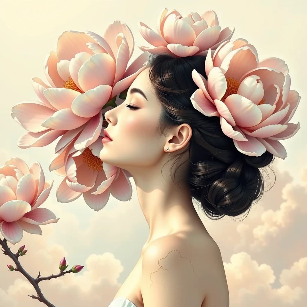 An elegant woman in profile view, head tilted upward, serene expression, closed eyes, delicate features, her hair transforming into large blooming peonies and magnolias, soft clouds and gold kintsugi cracks across porcelain skin, pastel palette, fine art illustration.