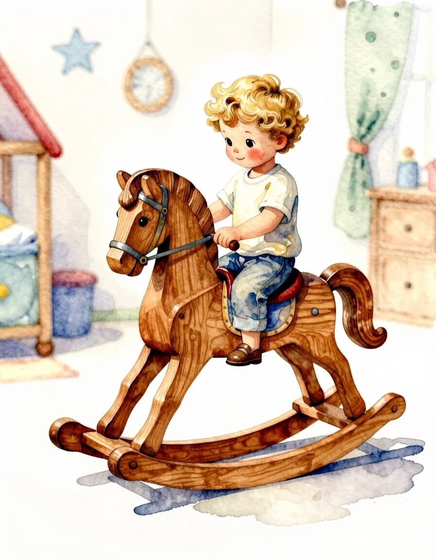 A masterpiece. Creating an image. The style is watercolor painting. Delicate watercolor on raw, on paper.((A wooden carved rocking horse, a cute little curly-haired blond boy is sitting on the horse, the action is taking place in the children's room:1.6)). High resolution. High detail and clear texture. Intense close-up. High quality. Increased attention to small details. The aspect ratio is 3:4. The artists are Levitan, Shishkin.