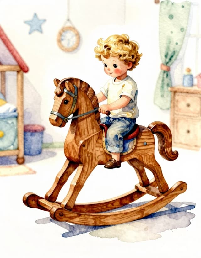 A masterpiece. Creating an image. The style is watercolor painting. Delicate watercolor on raw, on paper.((A wooden carved rocking horse, a cute little curly-haired blond boy is sitting on the horse, the action is taking place in the children's room:1.6)). High resolution. High detail and clear texture. Intense close-up. High quality. Increased attention to small details. The aspect ratio is 3:4. The artists are Levitan, Shishkin.