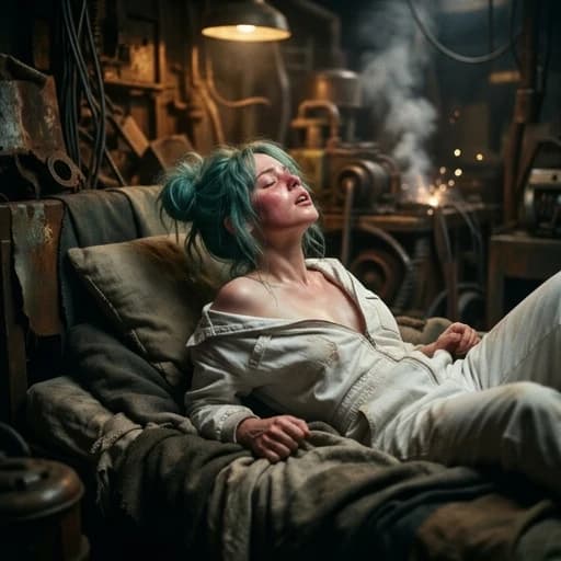 Masterpiece, ultra-detailed, Goal from Deponia, messy turquoise bun, pale skin, white Elysian jumpsuit sliding off shoulders, unzipped and disheveled, lying on back, arched back, legs raised, intimate atmosphere, anonymous male partner, intense passion, heavy blushing, sweating skin, parted lips, ecstatic face, head thrown back, hands clutching sheets or rusty metal, industrial junk planet, steam and sparks, dramatic cinematic lighting, bokeh.
