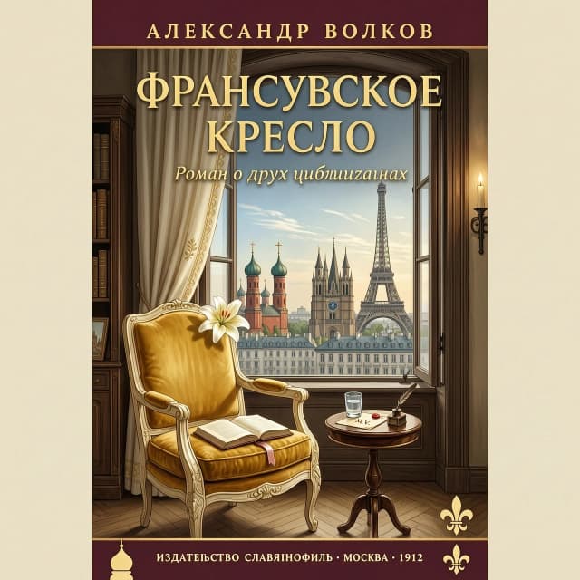 Нарисуй реалистичную обложку для книги. Вид на часть комнаты второго этажа начала 20 века. На переднем плане французское кресло с жёлтой обивкой и белой лилией на спинке. На заднем - вид русских церквей, французских готических храмов, московского кремля и эйфелевой башни. Текст (название книги) - Французское кресло
