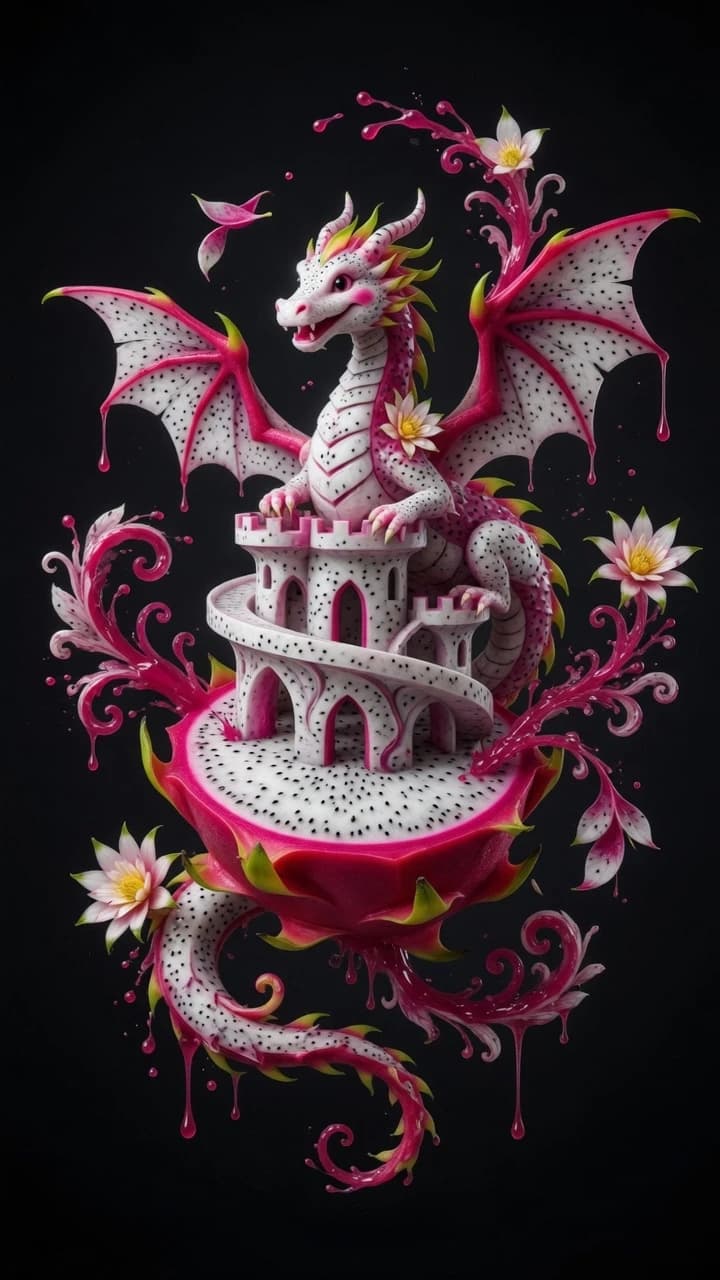 Fruit carving, carving. From the half of the dragon fruit floating in the air grows a castle carved from a dragon fruit, white, with black seeds, like the pulp of a fruit.. The castle is futuristic, in the style of architectural lines by Oscar Niemeyer.  The juice of the fruit splashes and drips. A dragon carved from the flesh of a dragon fruit wrapped around the castle. The wings are spread out. Charming smile, decorative, Paws and wings are made of dragon fruit.  As if it were a masterpiece of fruit and vegetable carving. They float in the air. Dragon fruit flowers . the scenery. black background. The juice forms patterned streams . Whimsical, charming, surreal little dragon decorated with Dragon fruit flowers. The detailed, hyper-realistic texture of the material mimics the juice, pulp and peel of a dragon fruit.  A complex pattern of splashes and leaking juice . Swirls of juice in the baroque style. Art Nouveau, Surrealism, Baroque. beautiful, elegant, complex, detailed composition.