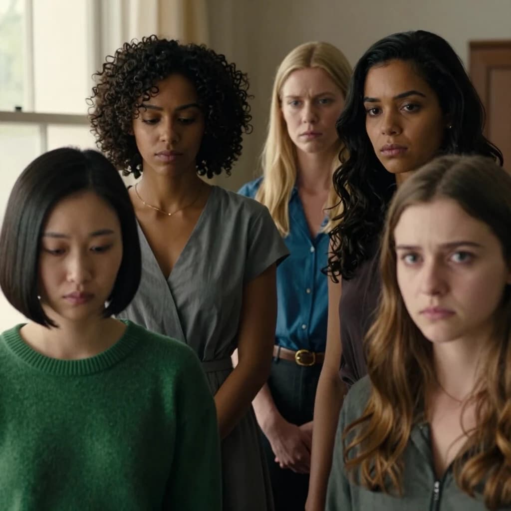 Cinematic shot from a drama film, film photography. A group of five completely different women aged 20 to 35 stand together. They represent completely different nationalities and types, no facial similarities, no twins. 1) A young Asian girl with a short black bob, wearing a green sweater. 2) A beautiful mulatto girl with dark brown skin and lush curly dark hair, wearing a gray dress. 3) A Scandinavian blonde with fair skin and long straight blonde hair, wearing a blue shirt. 4) A Southern brunette with olive skin and dark wavy hair. 5) A girl of Slavic appearance with light brown hair. Two women stand, looking down with heads bowed, looking at the floor. Three other women look directly into the camera lens with a serious, deep, thoughtful gaze. Faces are completely dry, without tears or crying. Natural skin texture, professional cinematic light from a window, high detail, 35mm film.