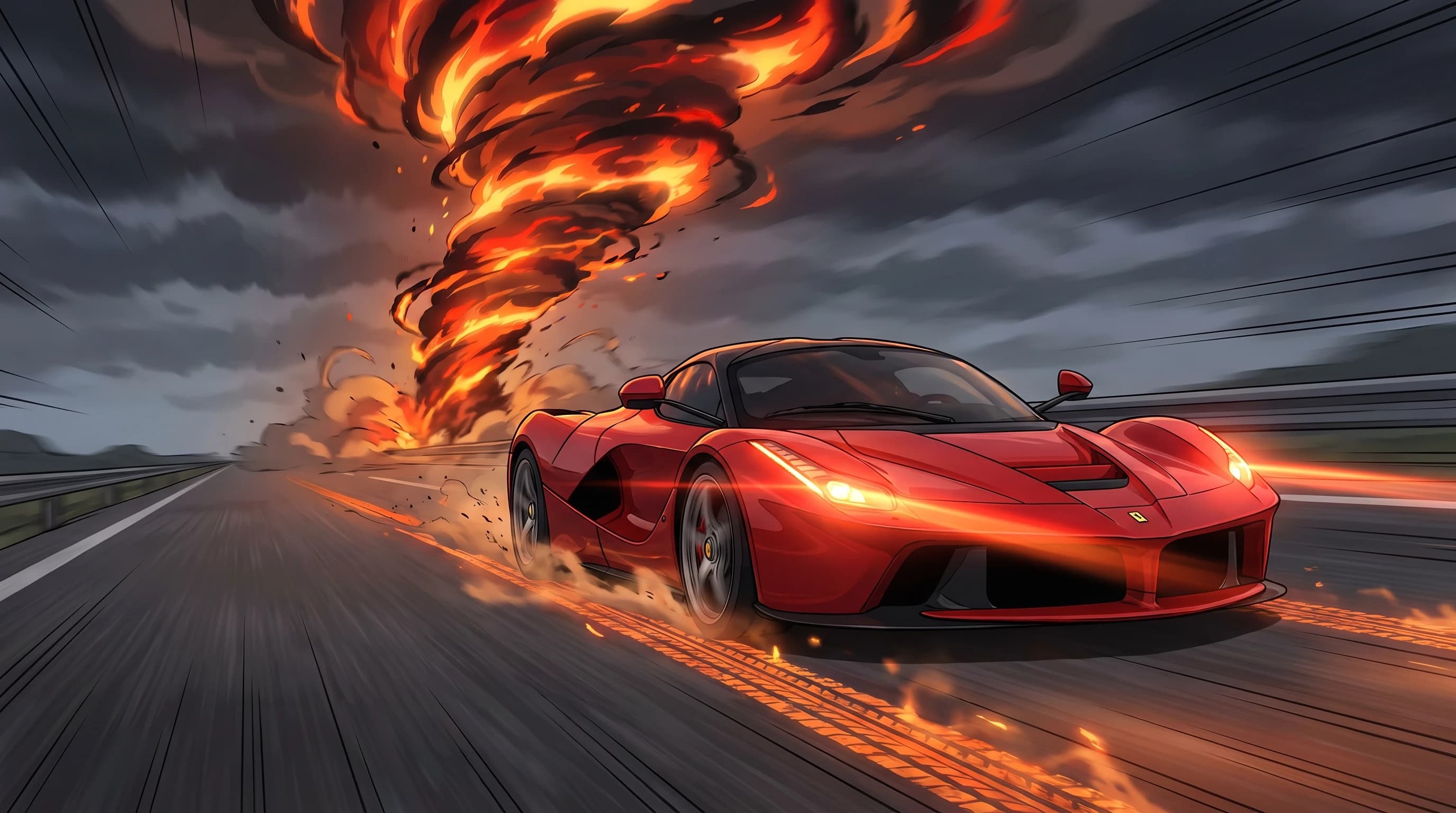 Ferrari LaFerrari, едет по дороге, эпичный ракурс, горящие фары, красные лучи, горящий след от колес, на фоне огненного смерча, стиль аниме с реалистичными деталями, шедевр