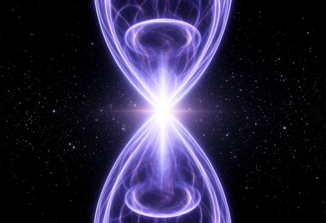 "A massive galactic quantum spiral shaped like an hourglass, consisting of two gigantic rotating energy funnels that taper and meet at the exact center. A blinding quantum flash explosion occurs at the convergence point where the funnels touch. Side view emphasizing the 3D volumetric structure and depth. The image highlights the boundless vastness of space with countless shimmering stars in the deep black background. Cinematic lighting, photorealistic, 8k resolution, epic scale, glowing energy filaments.