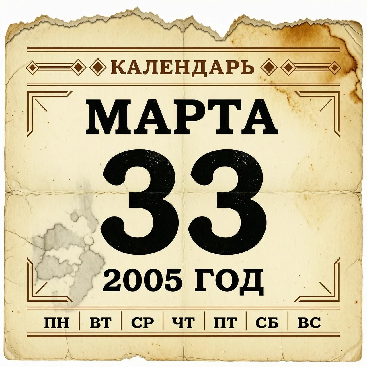 ОТРЫВНОЙ КАЛЕНДАРЬ. ТАКСТ:  
 33 МАРТА  2005 ГОД