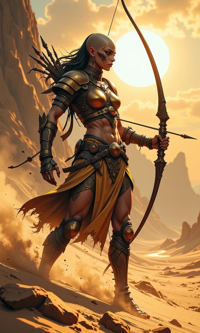 In full height! Evil fierce female warrior-slaver from a warlike desert tribe, bald woman with weathered skin and intense gaze, wearing primitive hand-forged bronze armor with ornate engravings and patina, wielding a heavy bow, captured in a dynamic combat stance, mid-action movement. Background of a vast, scorching sun-drenched desert with swirling sand dunes and heat haze. Lighting: dramatic golden hour sunlight, high contrast, harsh shadows, rim lighting highlighting the muscles and metallic texture. Composition: low angle shot, heroic scale, shallow depth of field with blurred desert horizon. Artistic medium: epic fantasy concept art, highly detailed textures of scratched metal and gritty sand, 8k resolution, volumetric dust particles, intense and primal atmosphere. In full height! Half turned!