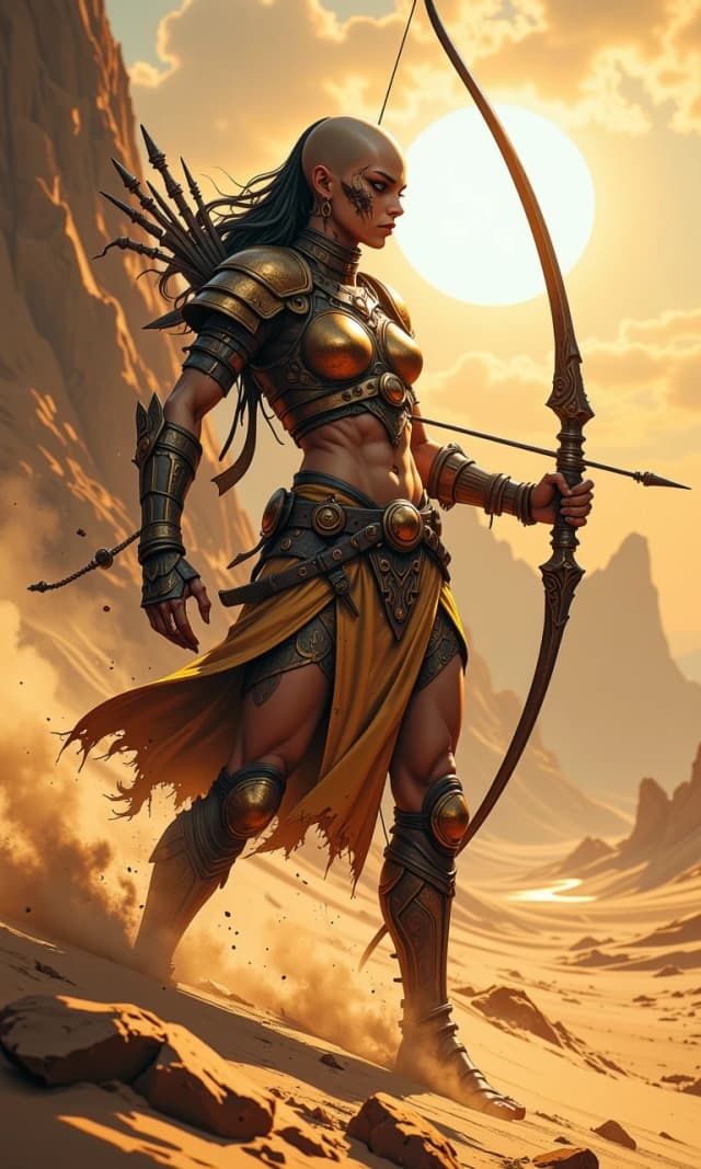 In full height! Evil fierce female warrior-slaver from a warlike desert tribe, bald woman with weathered skin and intense gaze, wearing primitive hand-forged bronze armor with ornate engravings and patina, wielding a heavy bow, captured in a dynamic combat stance, mid-action movement. Background of a vast, scorching sun-drenched desert with swirling sand dunes and heat haze. Lighting: dramatic golden hour sunlight, high contrast, harsh shadows, rim lighting highlighting the muscles and metallic texture. Composition: low angle shot, heroic scale, shallow depth of field with blurred desert horizon. Artistic medium: epic fantasy concept art, highly detailed textures of scratched metal and gritty sand, 8k resolution, volumetric dust particles, intense and primal atmosphere. In full height! Half turned!