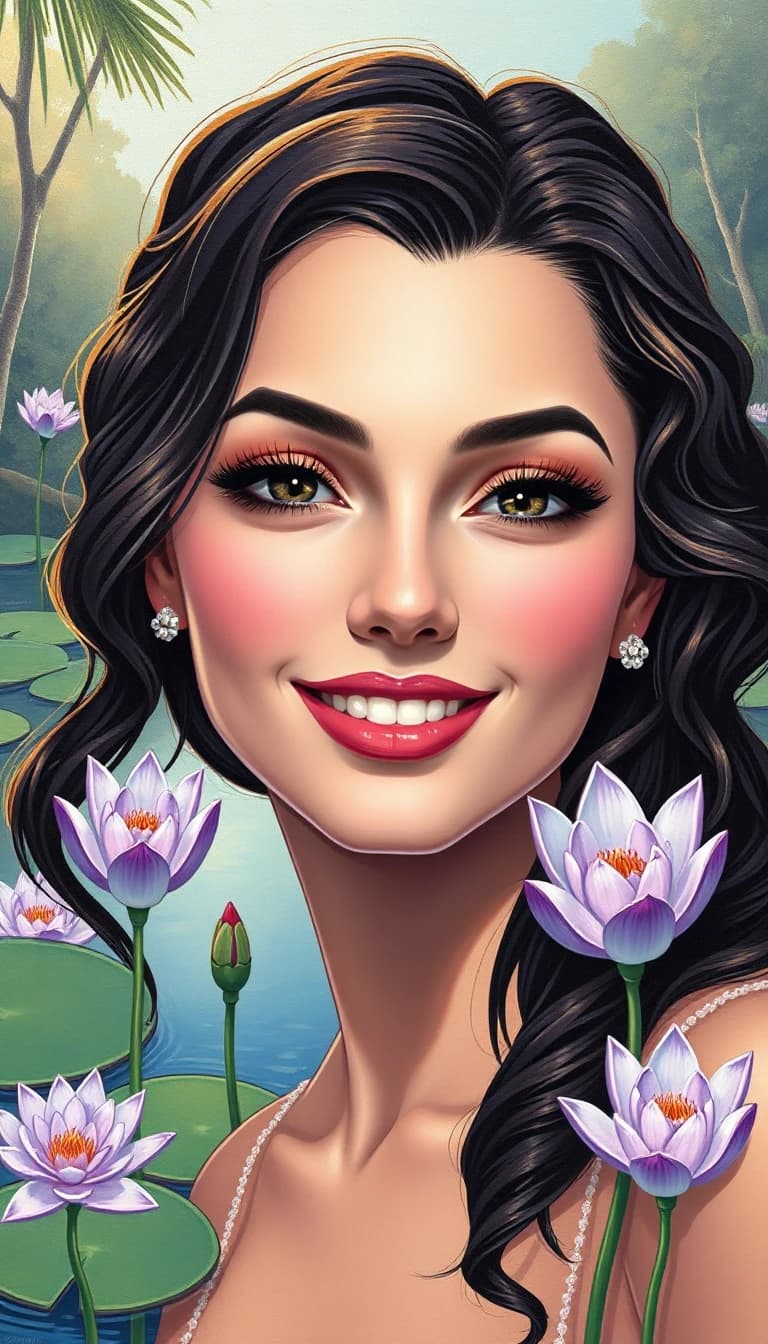 a young woman of the Caucasian type with bright, expressive facial expressions and expressive facial features. The face is rounded, with soft contours and noticeable, but not sharp, cheekbones; the shape gives the face a benevolent appearance, with a medium-height forehead that is smooth and without deep wrinkles; the hairline is smooth and framed by light strands. The eyebrows are neat and arched, with a medium width, emphasizing the emotional nature of the gaze. The eyes are large and almond-shaped, with an open and lively expression. straight nose, with a thin back and a neat tip; medium-full lips, curved in a wide smile; the outline is clear, the smile is open. fair skin, with an even tone and a natural blush; dark brown hair, wavy, and styled loosely; some of the strands frame the face, while others are gathered in a light, semi-collected hairstyle.
A masterpiece,  in the style of the 1980s, with bold lines, dynamic strokes and rich textures, on background with a touch of nostalgia, perhaps with subtle drawings inspired by cellulose and vintage, worn textures similar to paper,oil painting, woman standing by a lily pond, soft sunrise lighting, impressionist oil painting style, visible delicate brushstrokes, luminous water reflections, misty atmospheric depth, Claude Monet inspired color palette of lavender and pale green, painterly and dreamy