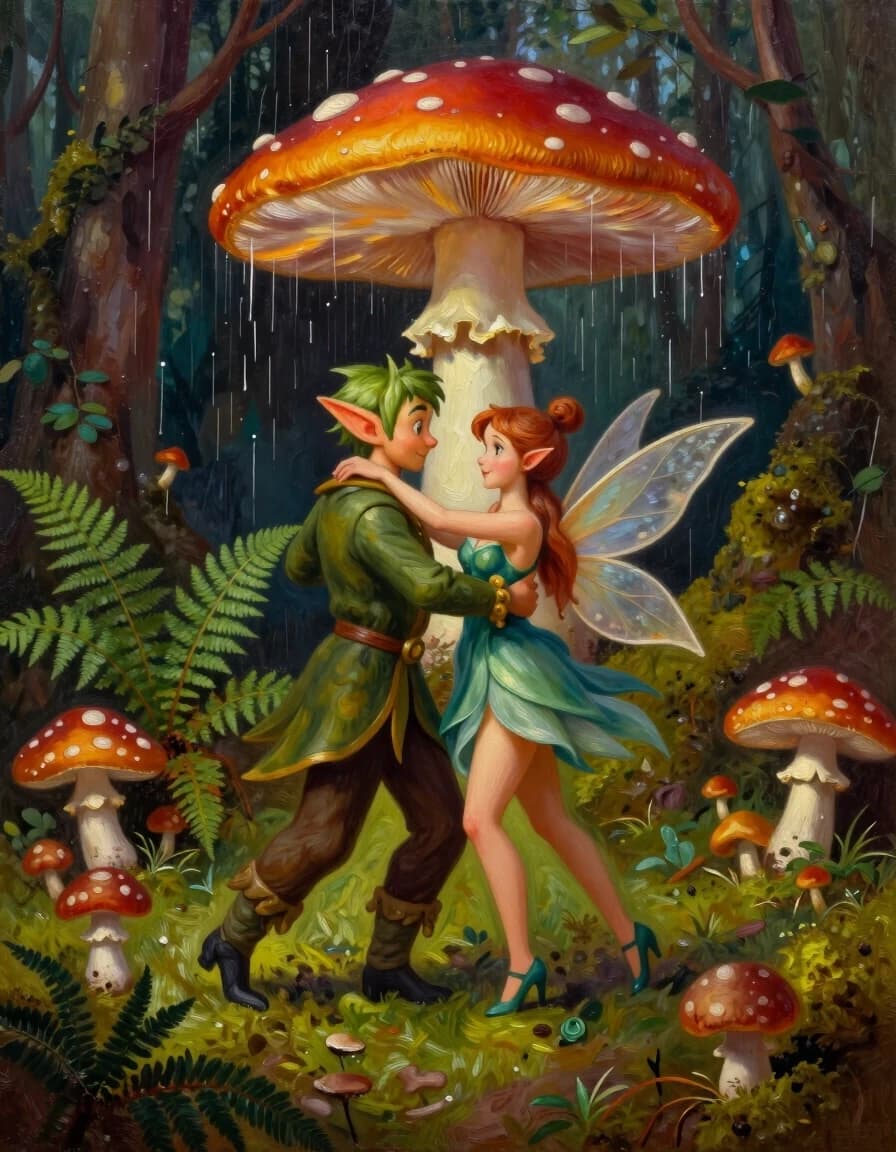 A masterpiece. Creating an image. Style - painting, oil, cartoon style.((A secluded forest glade among ferns, mushrooms and moss, in the foreground, an elf and a fairy waltz together under a warm mushroom rain:1.6)). High resolution. High detail and clear texture. Close-up. High quality. Increased attention to small details. The aspect ratio is 3:4. The artists are Levitan, Shishkin.and