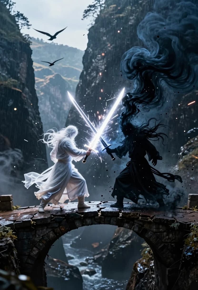 Photorealistic cinematic wide shot, 8K, ultra-detailed. Two opposing figures stand face to face in the middle of a cracked stone bridge spanning a deep canyon. The figure on the left wields a glowing blade of pure white light — the light ripples like liquid energy and casts sharp, bright highlights on the wet stone. The figure on the right channels swirling darkness that looks like dense smoke mixed with tiny void-sparks; the darkness pulls the shadows from the surroundings, making the air around them feel heavier.

Their weapons clash, creating a shockwave that splits the frame: on one side, the landscape is bright and clear with sunlit cliffs and birds in flight; on the other, everything is drowned in deep blue-black shadow and eerie silence. Sparks and fragments of light and dark scatter outward in slow motion.

Moody atmosphere, high contrast, dramatic lighting, volumetric rays, heavy atmosphere, rain mist, dynamic composition, depth of field, shallow focus on the clash, background slightly blurred with bokeh. Style: photorealistic, epic fantasy, emotional intensity.