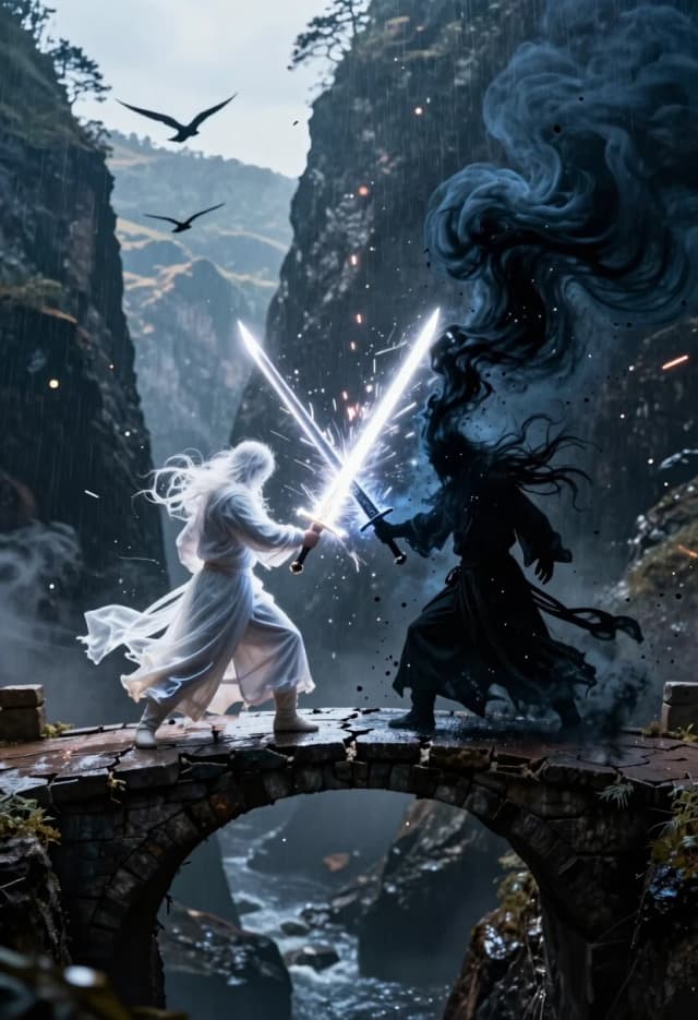 Photorealistic cinematic wide shot, 8K, ultra-detailed. Two opposing figures stand face to face in the middle of a cracked stone bridge spanning a deep canyon. The figure on the left wields a glowing blade of pure white light — the light ripples like liquid energy and casts sharp, bright highlights on the wet stone. The figure on the right channels swirling darkness that looks like dense smoke mixed with tiny void-sparks; the darkness pulls the shadows from the surroundings, making the air around them feel heavier.

Their weapons clash, creating a shockwave that splits the frame: on one side, the landscape is bright and clear with sunlit cliffs and birds in flight; on the other, everything is drowned in deep blue-black shadow and eerie silence. Sparks and fragments of light and dark scatter outward in slow motion.

Moody atmosphere, high contrast, dramatic lighting, volumetric rays, heavy atmosphere, rain mist, dynamic composition, depth of field, shallow focus on the clash, background slightly blurred with bokeh. Style: photorealistic, epic fantasy, emotional intensity.