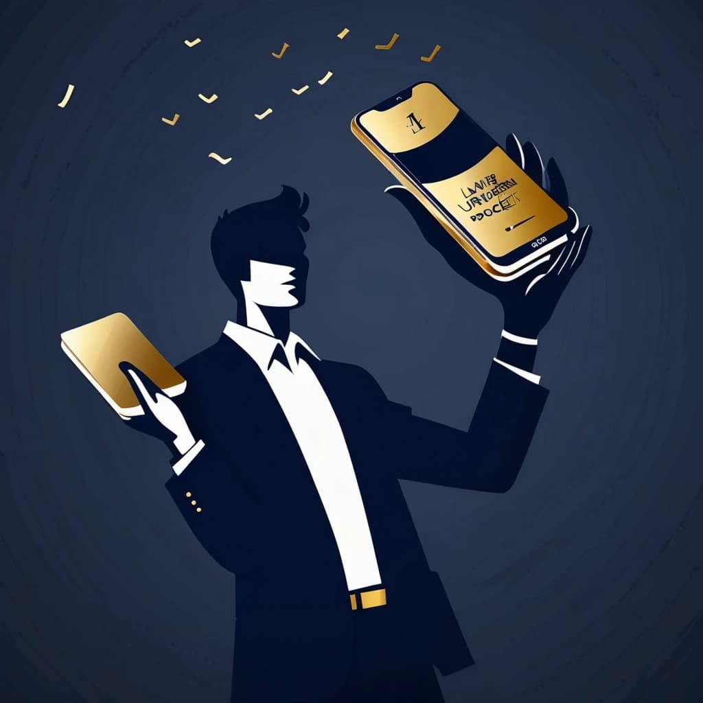 Minimalist poster, dark navy background, a smartphone in a person's hand, a law book with golden letters flying out of the phone, silhouette of a person in the background, large bold text "ЮРИСТ В КАРМАНЕ" in white and gold, clean design, 8k, strict and confident mood, no clutter, professional typography --ar 16:9