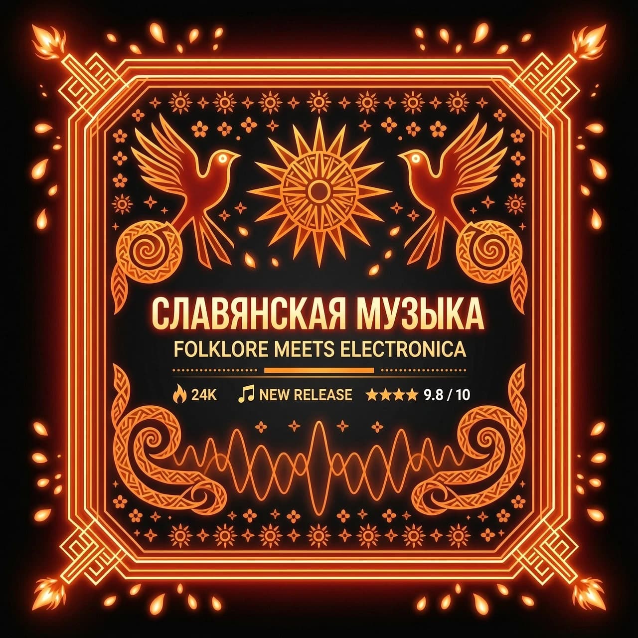 A glowing neon frame for a social media card, fiery red and bright orange colors, stylized Slavic folklore patterns, modern interpretation, glowing embers and musical waves, black background, commercial design, high resolution, centered, 8k --ar 3:4