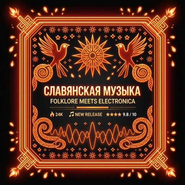 A glowing neon frame for a social media card, fiery red and bright orange colors, stylized Slavic folklore patterns, modern interpretation, glowing embers and musical waves, black background, commercial design, high resolution, centered, 8k --ar 3:4