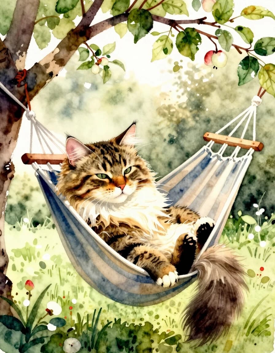 A masterpiece. Create an image. Watercolor painting style: ((Beautiful fluffy Siberian striped cat):1.6 dozing in a hammock under the apple trees in the garden):1.6, clear edges, clear textures, volumetric composition, studio lighting, author's style, 8k resolution. High detail and clear texture. Intense close-up. High quality. Increased attention to small details. The aspect ratio is 3:4.