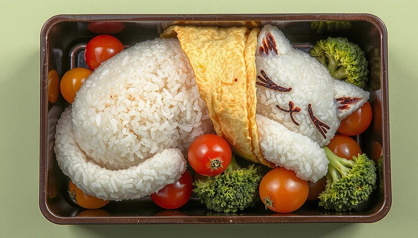 A perfectly arranged Japanese bento box featuring a sleeping cat made of fluffy white rice, with nori details for its eyes and whiskers, snuggled under a blanket made of a thin egg omelette. Surrounding the rice-cat are colorful cherry tomatoes and broccoli florets. Bright, flat-lay food photography.