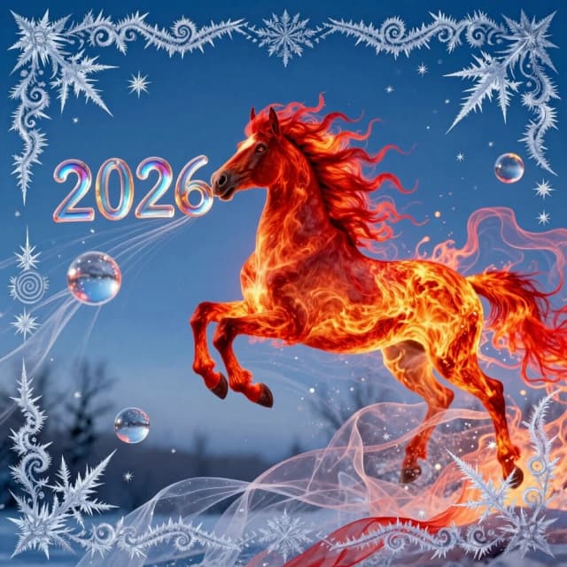 In the double exposure style. An ephemeral mythical creature in the form of a beautiful scarlet fiery horse with a long wavy mane collects the word "2026" from glass letters. In a jump. Background: bright blue night sky with grandiose continuous ornamental frosty patterns, zigzags, spirals of frost. Needles, transparent glass balls, silk, tulle. 
In the "Glitter" style: magical realism, natural symphony, shapes dissolve into color, lines flow like water, translucent layers with a watercolor texture, intricate ornaments at the corners of the composition.
Iridescence, lace, entourage, fantastic plot, New Year's tale, magic, whimsicality, originality. High detail, cinematic lighting, solemn festive atmosphere, realistic.