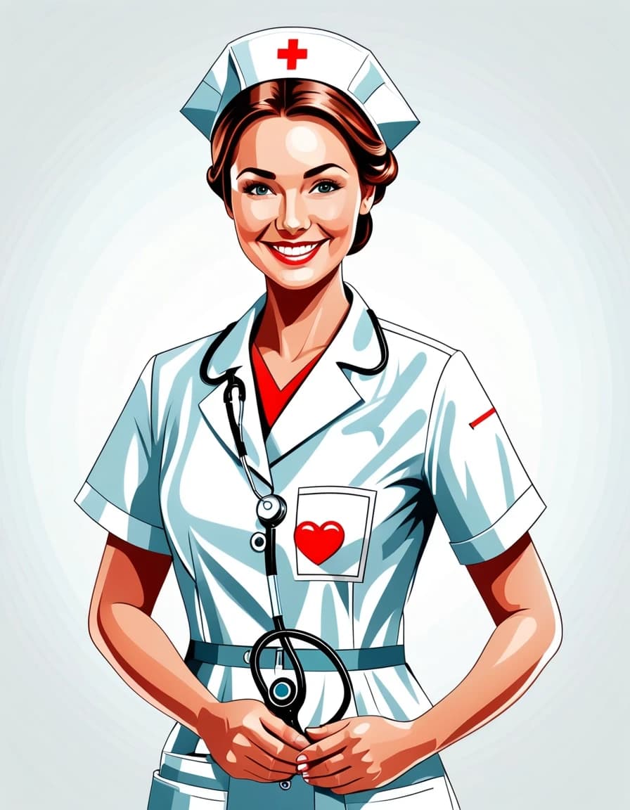 Professional vector graphics on a pristine white background. Nurse smiling, pressure measurement, heart health.
