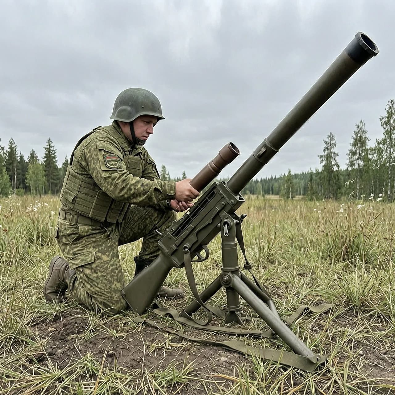 Боец русский в шлеме на поляне засовывает 120 мм. мину в ствол большого миномёта  120-мм возимый миномёт 2Б11