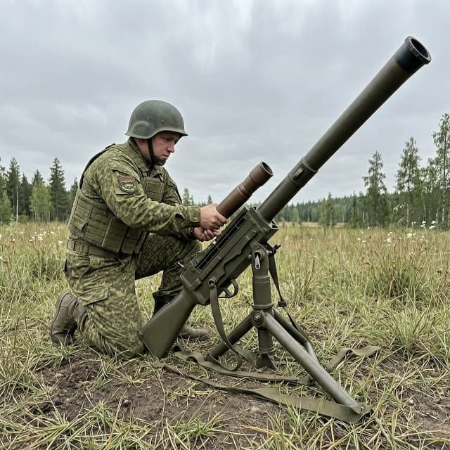 Боец русский в шлеме на поляне засовывает 120 мм. мину в ствол большого миномёта  120-мм возимый миномёт 2Б11