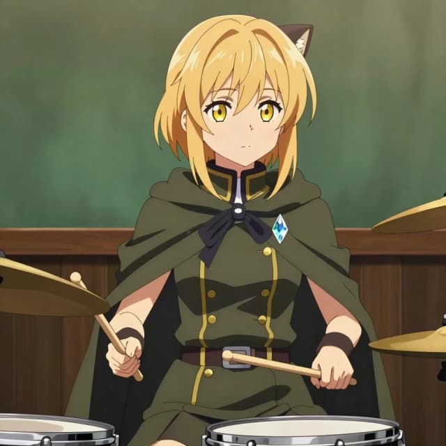 Anime art, bust portrait, style of modern Japanese animation. A teenage girl with short dyed blonde hair and yellow eyes, dressed in the attire of House Cattus: a military cloak, a uniform with a high collar, ribbons from the shoulder to the waist, and a small crystal amulet. She is sitting at a drum kit, holding drumsticks. Her eyes are calm, her gaze is slightly to the side, as if she notices something out of the corner of her eye. Warm lighting, green tones, high detail in the fabric and hair, slight depth of field effect. No text, no inscriptions.