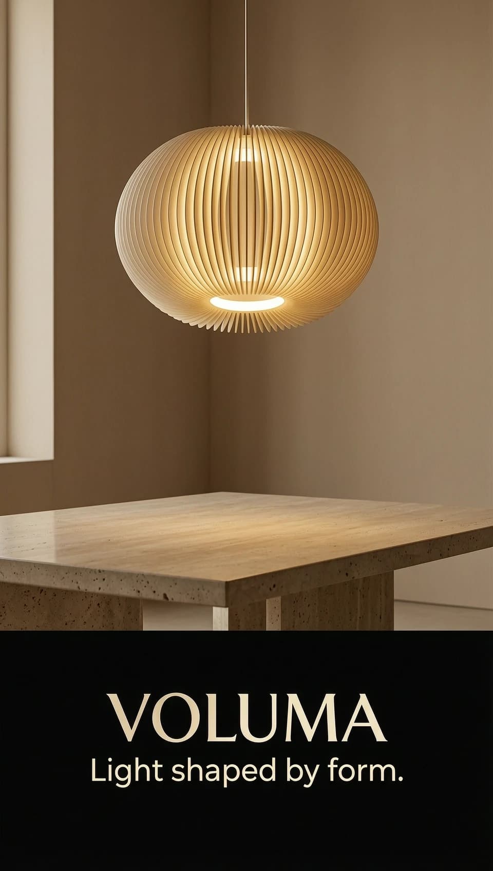 Create a cinematic luxury product video for Instagram Reels, vertical 9:16 format.

A premium pendant lamp called VOLUMA RIBBED DISC floating in a warm minimalist interior. The lamp has dozens of thin elegant ribbed petals forming a soft circular disc shape. A hidden warm LED ring creates a beautiful glowing halo inside the structure.

Scene starts in darkness. Slowly reveal the silhouette of the pendant lamp. The LED ring turns on gradually, creating a warm golden glow that passes through the delicate curved petals.

Slow cinematic camera movement: close-up macro shots of the smooth 3D printed texture, the precise spacing between petals, soft shadows, and the elegant curved geometry. Camera makes a slow orbit around the lamp showing its lightweight sculptural form.

Show the lamp hanging above a modern beige stone table in a calm luxury interior with sand-colored walls, natural materials, and soft evening atmosphere.

Focus on craftsmanship, minimalism, architectural design, and emotional lighting experience.

Premium lighting brand commercial style, realistic materials, ultra realistic, soft cinematic lighting, shallow depth of field, slow motion, 4K, high-end interior design photography.

End with a clean black background and elegant text:

VOLUMA

Light shaped by form.