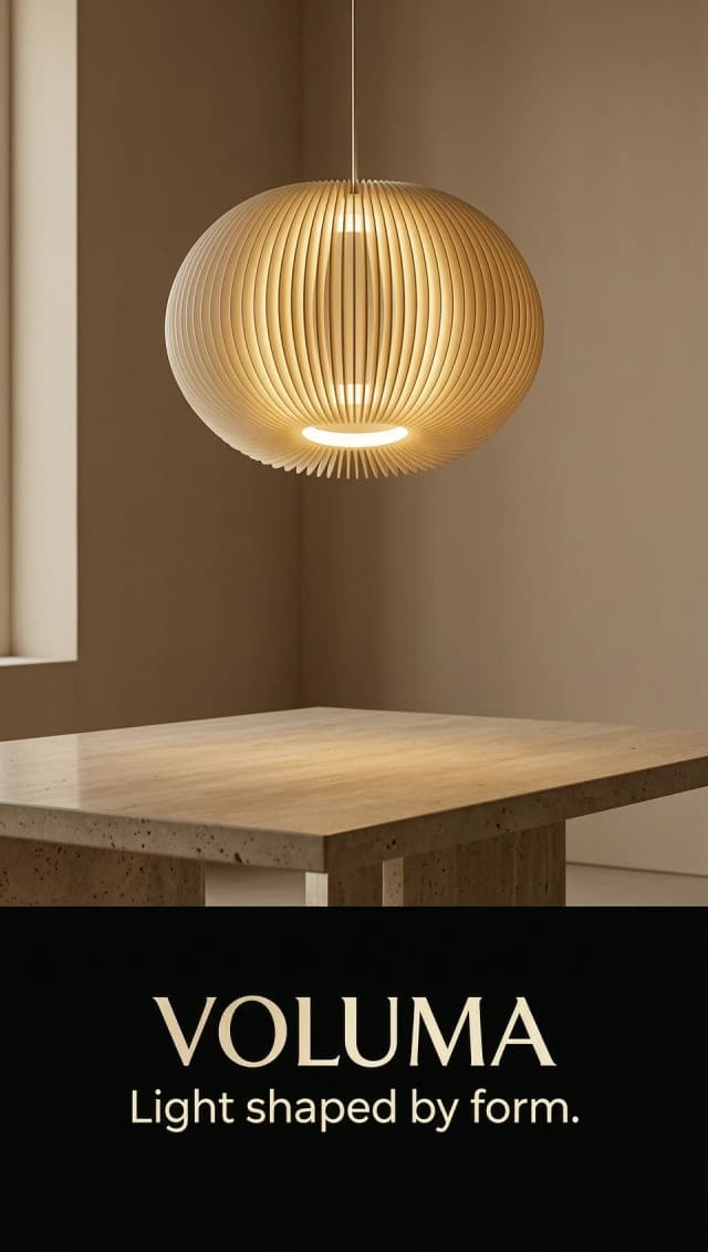 Create a cinematic luxury product video for Instagram Reels, vertical 9:16 format.

A premium pendant lamp called VOLUMA RIBBED DISC floating in a warm minimalist interior. The lamp has dozens of thin elegant ribbed petals forming a soft circular disc shape. A hidden warm LED ring creates a beautiful glowing halo inside the structure.

Scene starts in darkness. Slowly reveal the silhouette of the pendant lamp. The LED ring turns on gradually, creating a warm golden glow that passes through the delicate curved petals.

Slow cinematic camera movement: close-up macro shots of the smooth 3D printed texture, the precise spacing between petals, soft shadows, and the elegant curved geometry. Camera makes a slow orbit around the lamp showing its lightweight sculptural form.

Show the lamp hanging above a modern beige stone table in a calm luxury interior with sand-colored walls, natural materials, and soft evening atmosphere.

Focus on craftsmanship, minimalism, architectural design, and emotional lighting experience.

Premium lighting brand commercial style, realistic materials, ultra realistic, soft cinematic lighting, shallow depth of field, slow motion, 4K, high-end interior design photography.

End with a clean black background and elegant text:

VOLUMA

Light shaped by form.