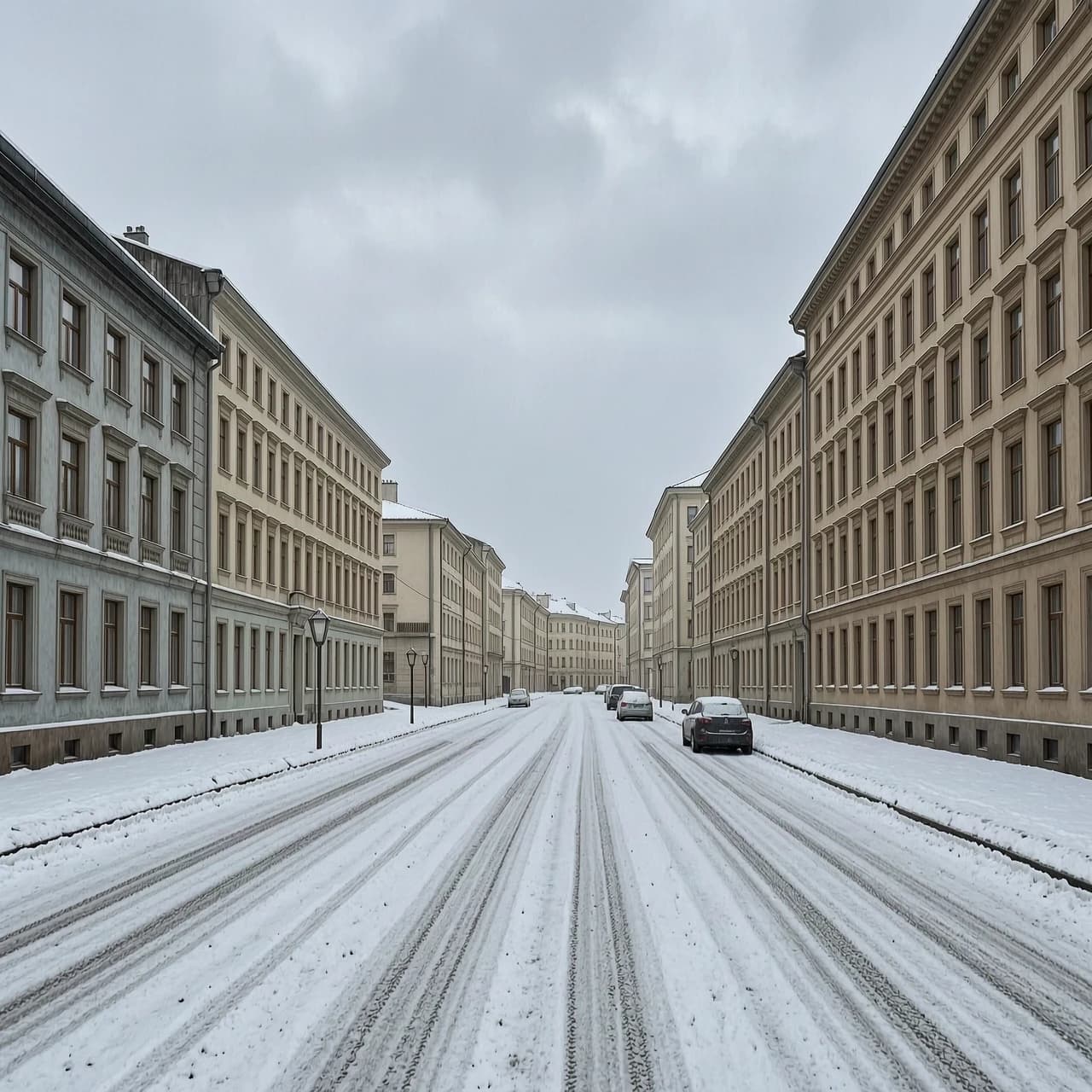 Equirectangular panorama, winter city street, snowy road, buildings, overcast sky, photorealistic