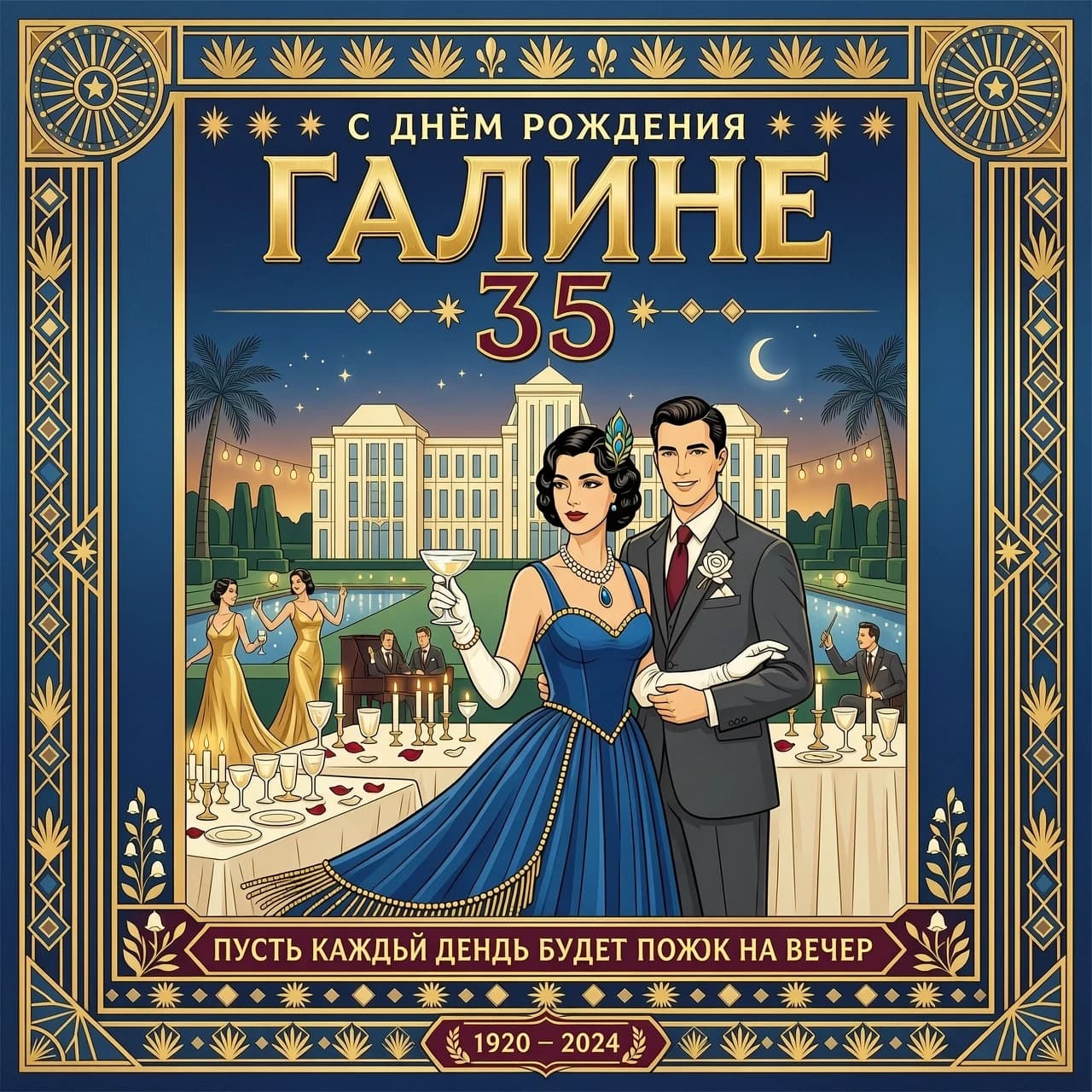 красочная картинка в стиле гетсби на фон и сверху надпись галине 35