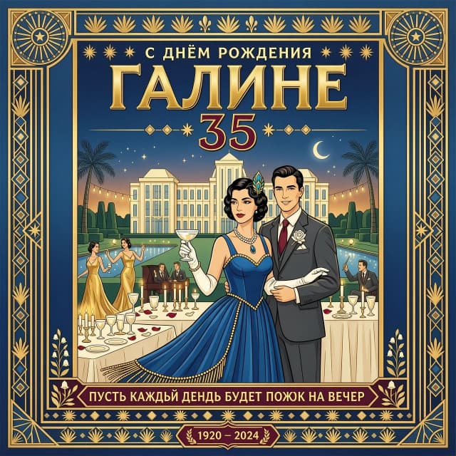 красочная картинка в стиле гетсби на фон и сверху надпись галине 35