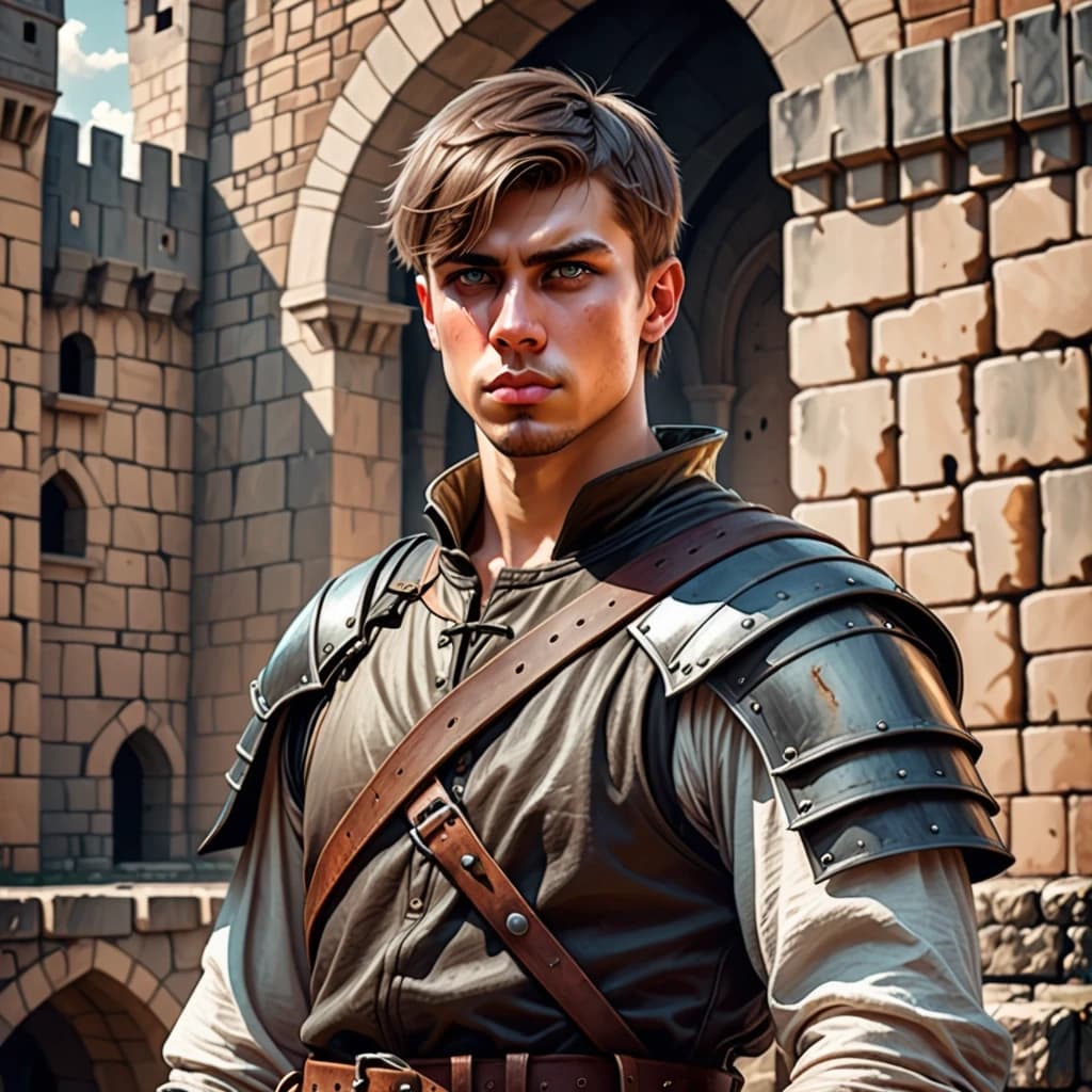 Fantasy illustration: a handsome young man with short hair and sad eyes, dressed as a mercenary, set against the backdrop of a medieval fortress.