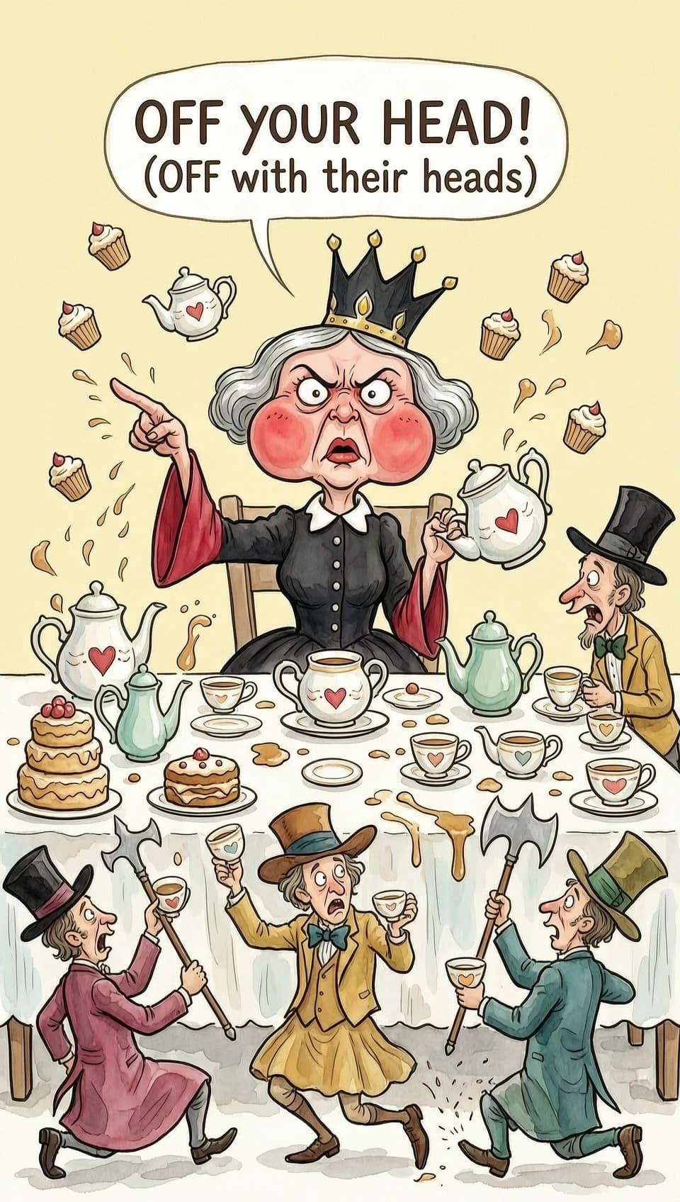 (masterpiece:1.8, acrylic painting:1.5, best quality:1.6, ultra-detailed:1.6). A bizarre and funny image (of the Queen of Hearts), who, sitting at a crazy tea table, angrily exclaims: "Off your head!' (Off with their heads!). The reason for her anger may have been a bad croquet game or too much sugar in her tea. (She's sitting at the head of a table strewn with ridiculous teapots and mountains of cakes, her crown slightly askew.) The Queen's face is red with annoyance, with puffed cheeks and wide-open eyes that look more offended than truly angry. (She points her finger with such effort that she looks like she's about to knock over her tea).
(Around her are the Hatter and the March Hare, who comically jump up and down in "fright," but at the same time try to hold on to their cups and cupcakes. Sonya may have poked her head out of the kettle, clearly annoyed by the noise. The card guards nearby may be awkwardly retreating, tripping over table legs or dropping their halberds). The tea table is a mess of flying cupcakes, spilled tea, and tumbling teacups.
The lighting is light and airy, creating a light, almost pastel mood. The overall atmosphere is a light, funny mess, where the Queen's anger is more of a familiar but theatrical act. Detailed watercolor or pastel illustration, playful composition, soft but saturated colors, light strokes, digital painting. Inspired by Quentin Blake's dynamic illustrations and Mary Blair's vibrant style.