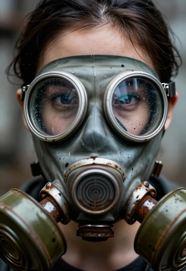 Extreme close-up portrait of a delicate, beautiful young woman wearing a weathered, oversized vintage industrial gas mask. The contrast is striking: the mask is a ruin of scratched rubber, rusted metal filters, and thick smears of black grease and soot, while her skin is flawless, pale, and luminous. Her large, expressive eyes are visible through the glass lenses, reflecting a dim, smoky factory environment with a hint of vulnerability and strength. Tiny droplets of condensation inside the glass. Soft, volumetric lighting with dust particles dancing in a single light beam, illuminating her clear complexion. Detailed pores of the skin, a few stray strands of hair clinging to her damp forehead. 8k resolution, cinematic photorealism, raw industrial aesthetic vs feminine grace, shot on 85mm lens, sharp focus on the eyes, moody and atmospheric.